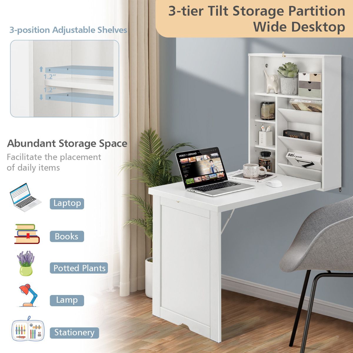 Coast Wall Folding Table White - 60 x 94.5 x 151 cm - Bureau pliant avec rangement