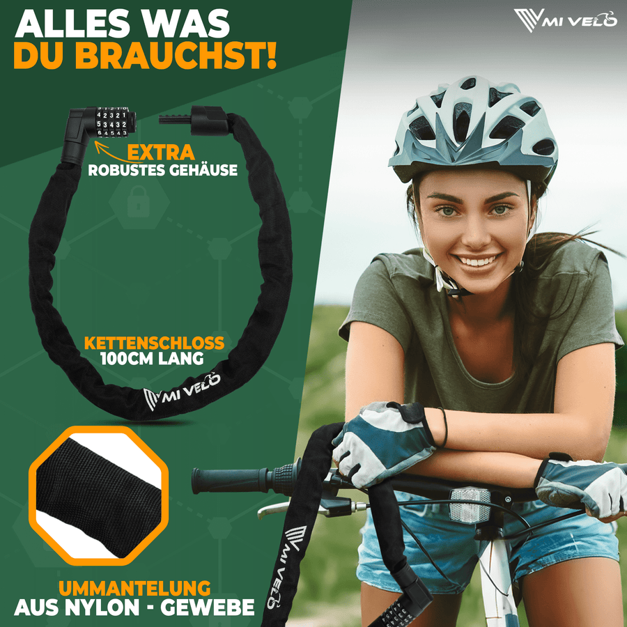 MIVELO Cadenas de chaîne de vélo avec code numérique - 100 cm - Acier au carbone - Résistant à l'eau - Noir
