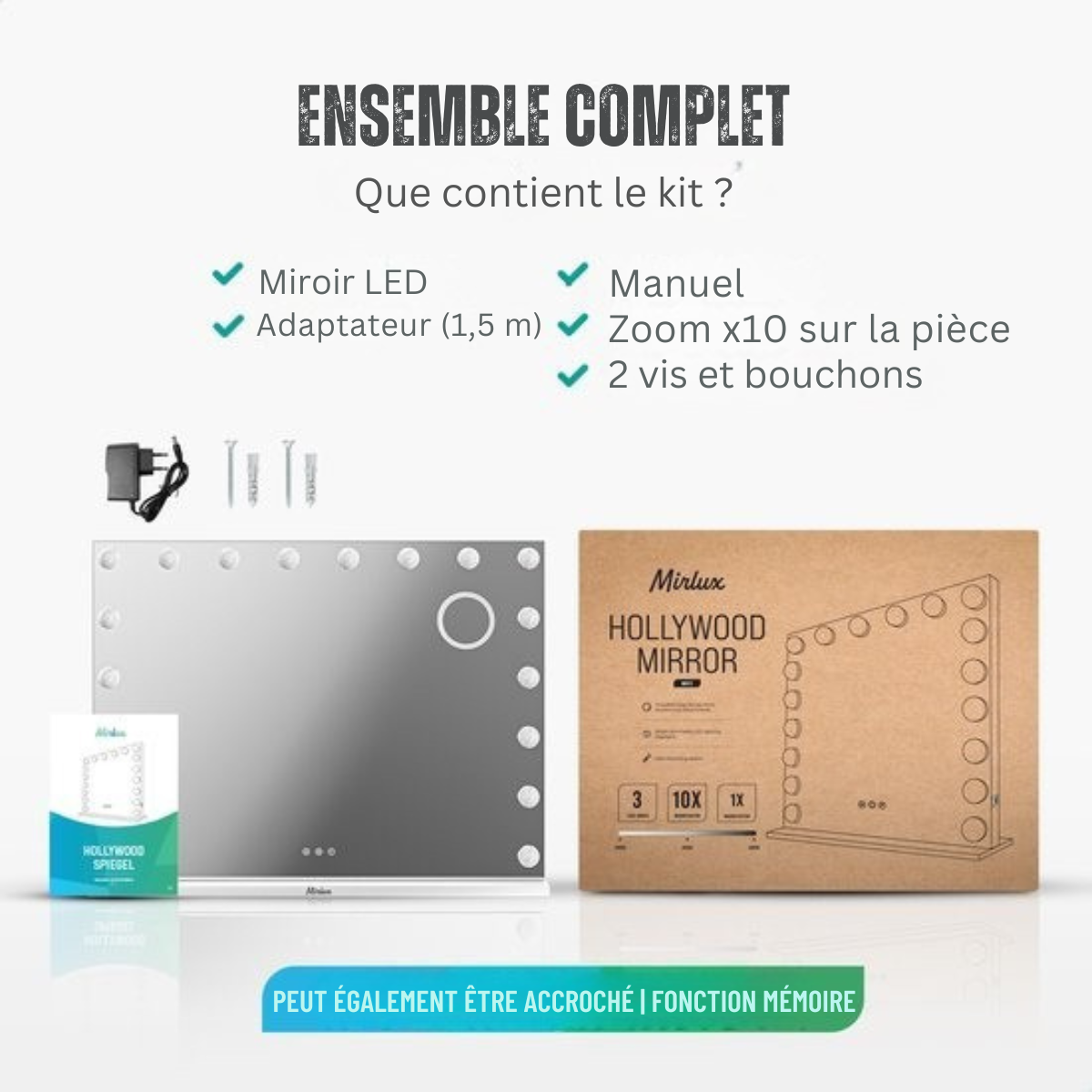 Mirlux Grand miroir hollywoodien 80x60CM - Eclairage LED - Ports de charge USB & USB-C - Maquillage - Blanc