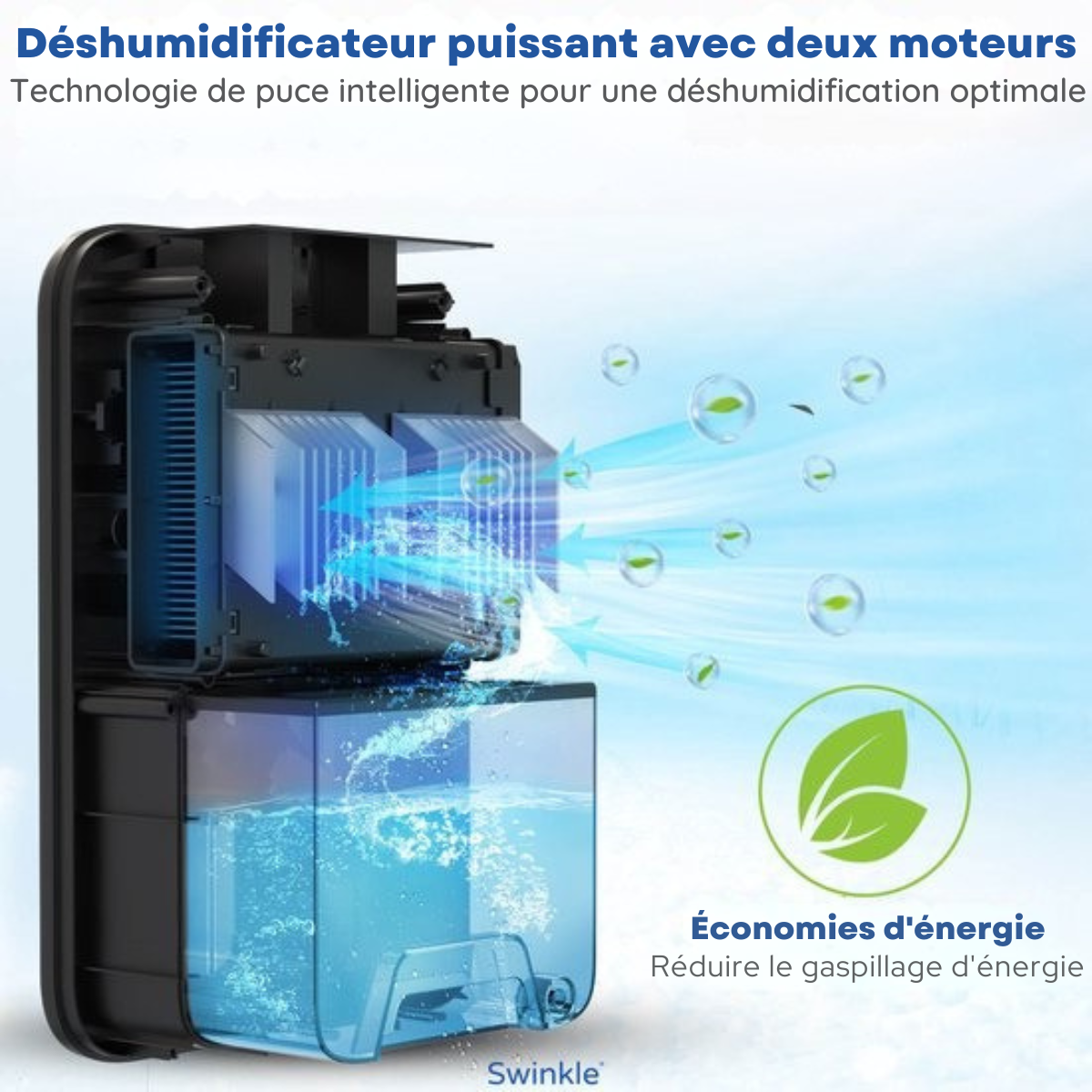 Déshumidificateur et purificateur d'air - Swinkle® - 1000 ml/jour – 25 m² – Réservoir 2,5 L – LED 7 Couleurs – Minuterie – Silencieux