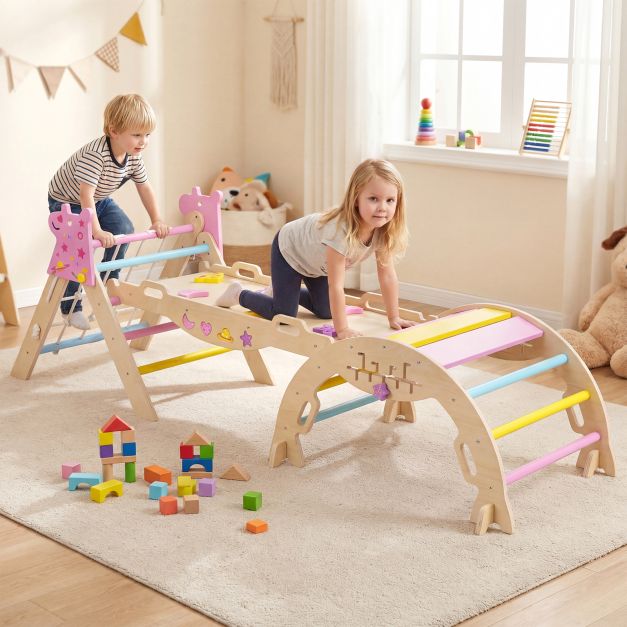 Coast Montessori Climbing Set Natural/Macaron - Triangle d'escalade en bois 8-en-1 avec arche et toboggan - Rampe 90 x 38,5 x 13 cm
