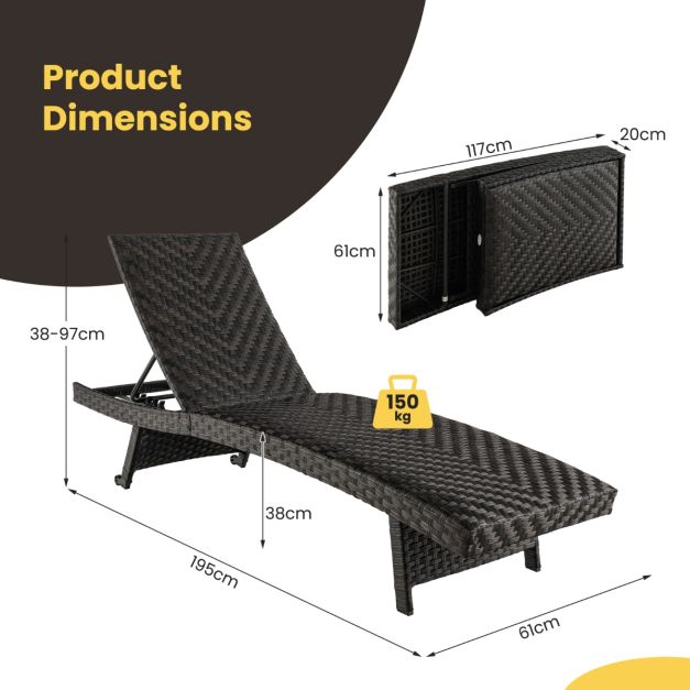 Chaise de jardin Coast - rembourrée - 5 niveaux - roulettes arrière - 195 x 61 x 38-97 cm - noire