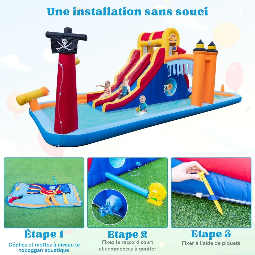 Double toboggan aquatique - Coast - Inflatable Water Park 693 x 295 x 263 cm - avec mur d'escalade, bassins d'éclaboussures et canon à eau - multicouleur