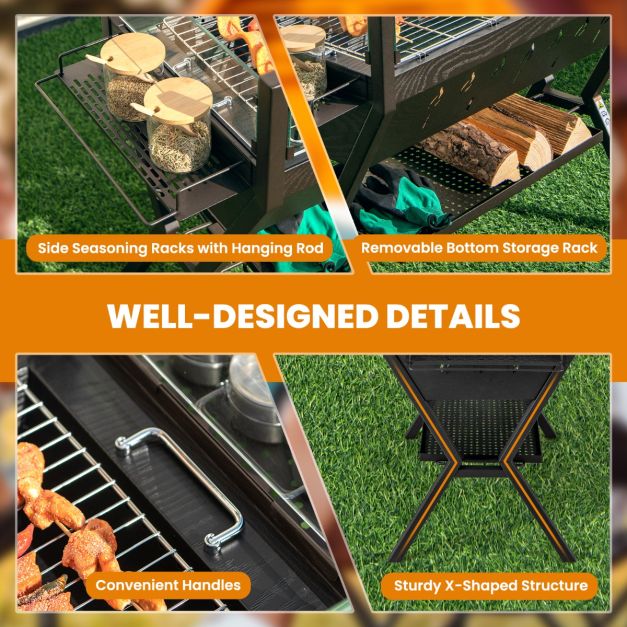 Coast Camping Grill - Charbon de bois - Pare-brise - Acier inoxydable - Support de rangement - 98 x 42 x 68 cm - Brun Noir
