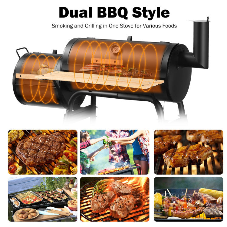 Barbecue robuste au charbon de bois avec fonction fumage et plan de travail en bois - idéal pour l'extérieur