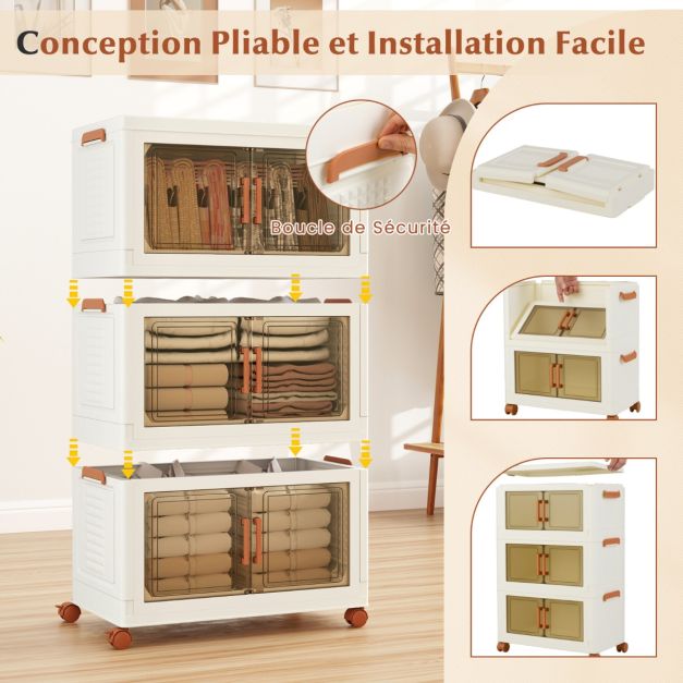 Coast Storage Boxes White/Brown - Organisateur pliable et empilable avec portes et roues - 57-156L