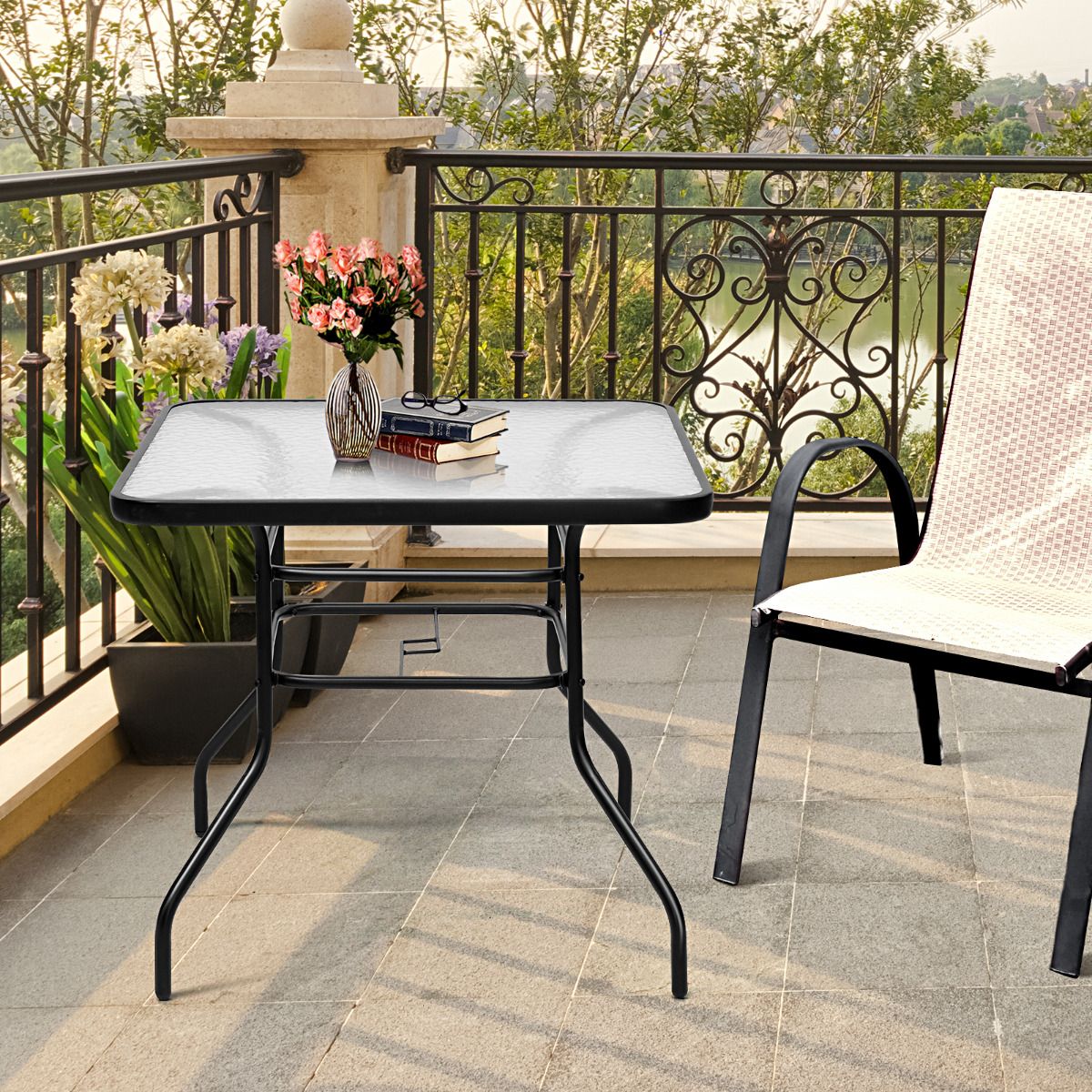 Table de terrasse rectangulaire Coast avec trou pour parasol - Verre trempé - 81 x 81 x 71 cm - Noir
