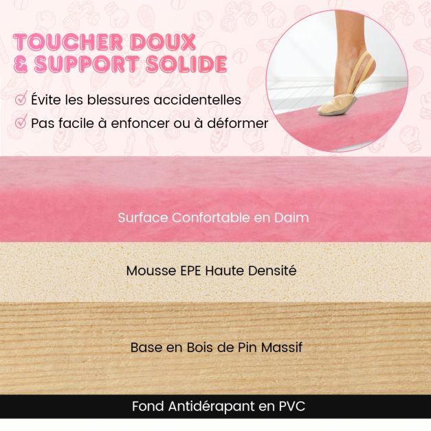 Poutre d'équilibre Coast - pliable - mousse - bois - gymnastique - 240cm - rose