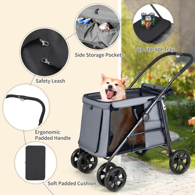 Landau pliable de luxe pour animaux de compagnie - Gris/Noir - Respirant, absorbant les chocs et spacieux - 106x63x103 cm