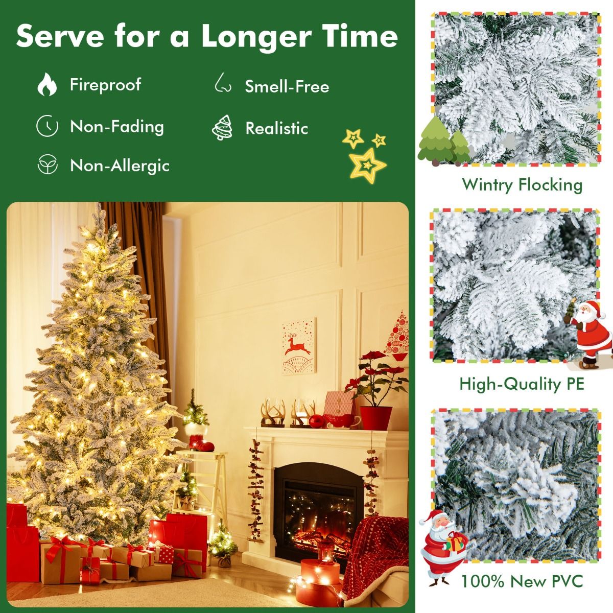 Coast sapin de Noël artificiel 210 cm - design hivernal floqué - 1684 pointes de branches - 300 lumières LED blanc chaud - articulé - blanc/vert