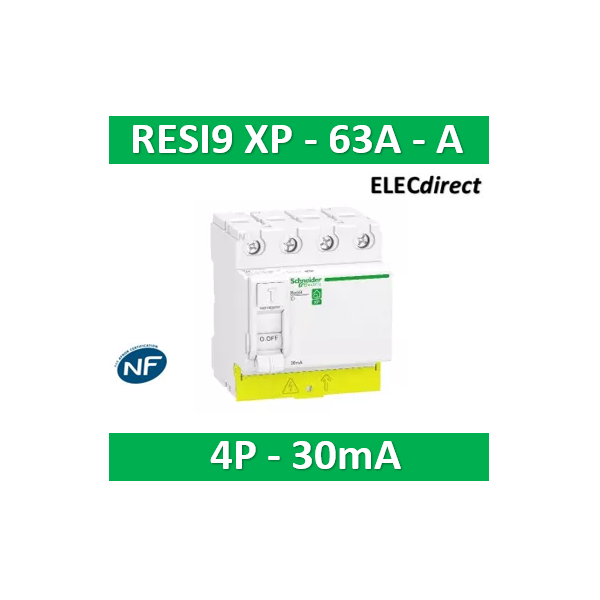 SCHNEIDER Resi9 XP Interrupteur différentiel 4 pôles 63A 30mA Type A - Peignable - 72x82x78,5 mm - Blanc