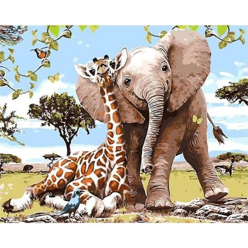 Peinture sur chiffres éléphant et girafe - 40x50 cm