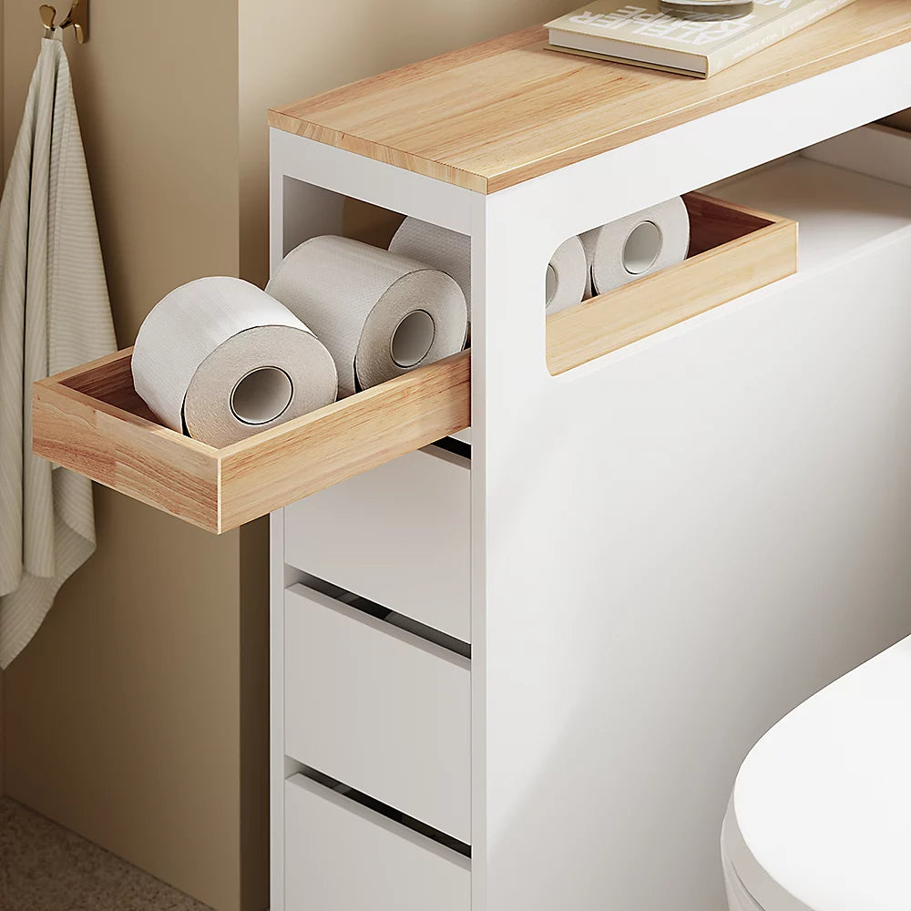 SoBuy - BZR54-II-W Slim Freestanding Bathroom Cabinet - 65 x 23 x 82 cm - équipé de 3 tiroirs et de 4 roulettes et d'une cloison mobile - pour la salle de bains et les toilettes - MDF blanc et bois d'hévéa