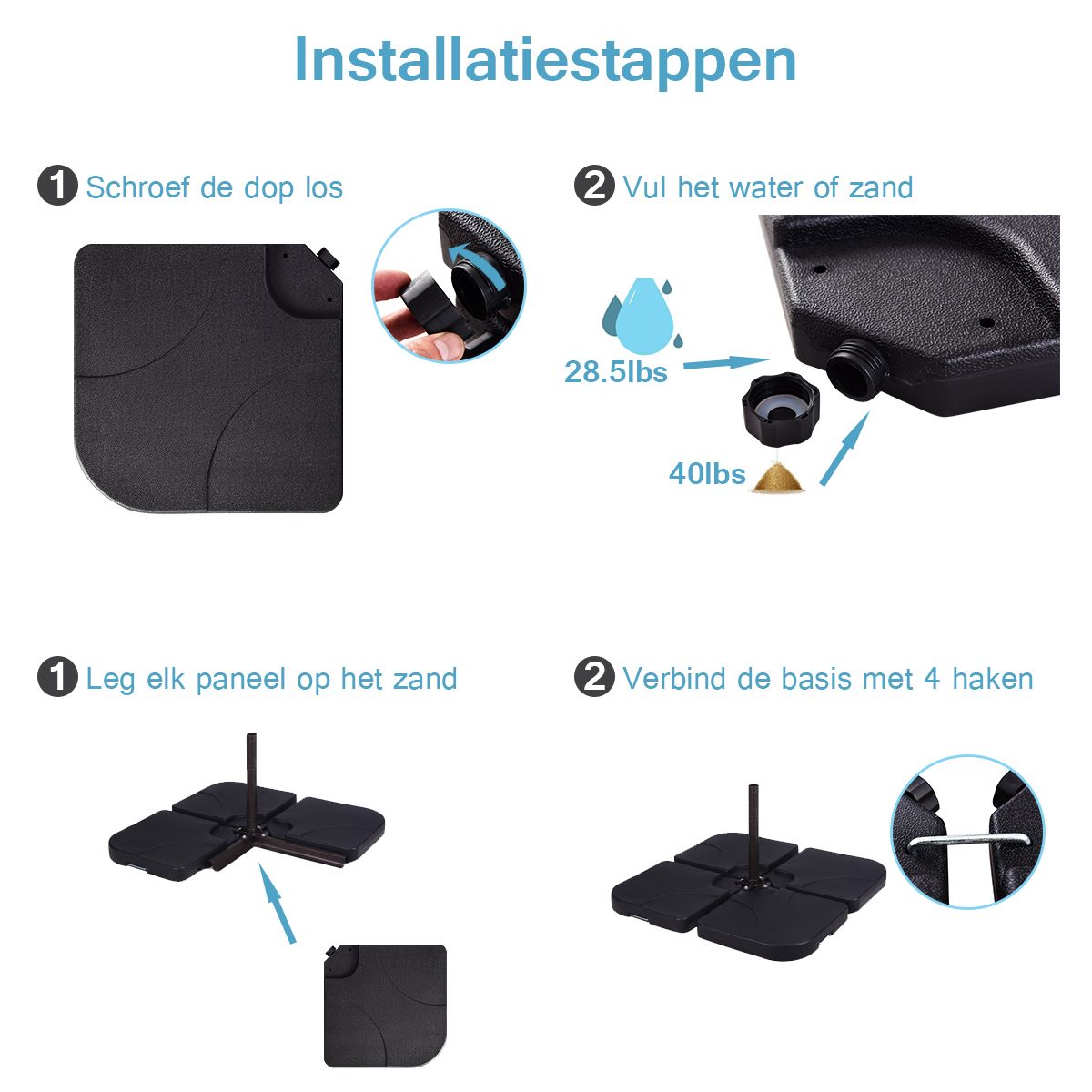 Coast 4-Piece Umbrella Stand Set Black 51 x 51 x 8 cm - Base de parasol remplissable pour parasol flottant d'extérieur