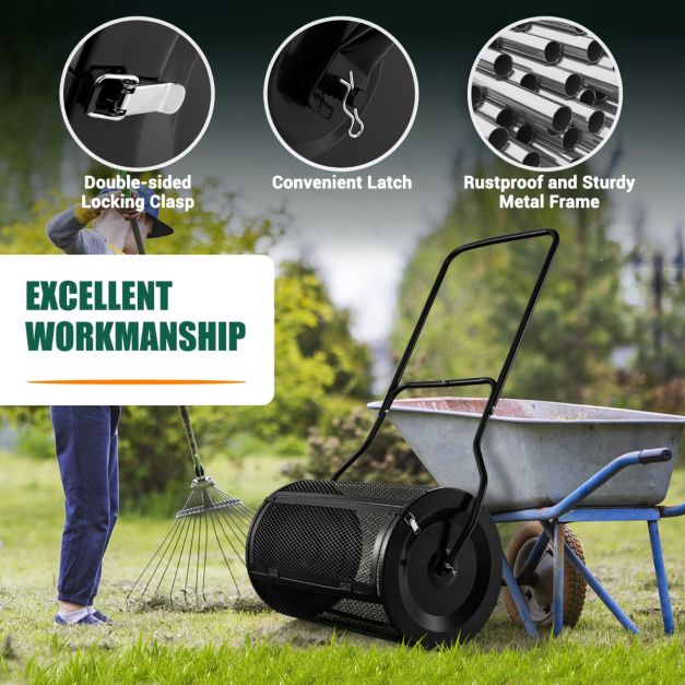 Epandeur de compost multifonctionnel 60.5 cm avec rouleau en maille et poignée en U - Pour une fertilisation homogène du jardin et de la pelouse