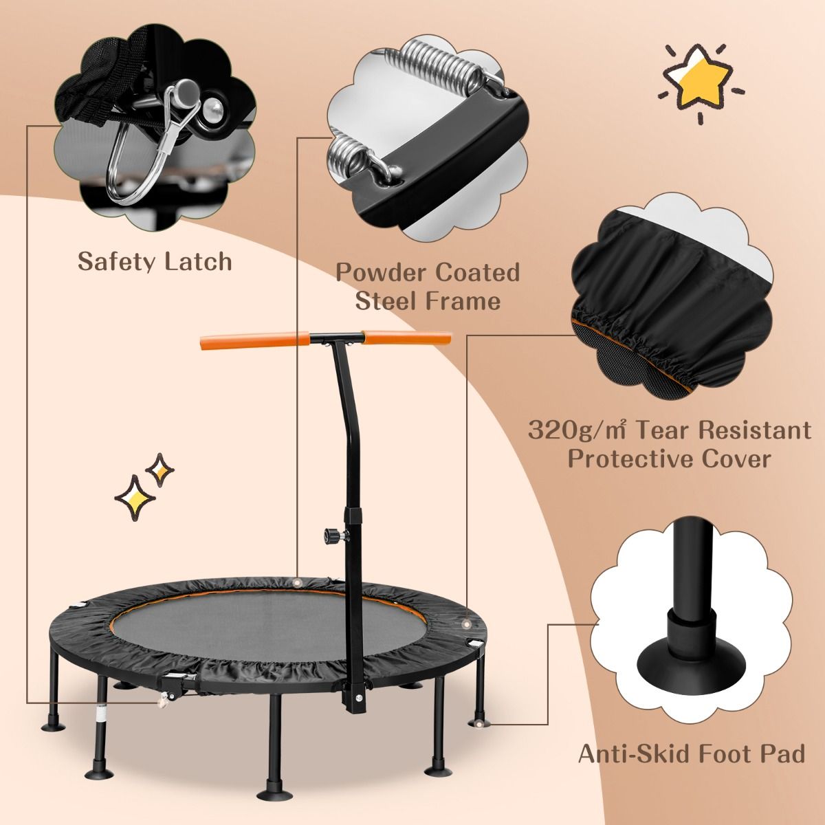 Mini trampoline Coast avec poignée réglable - jusqu'à 100kg - Ø117cm