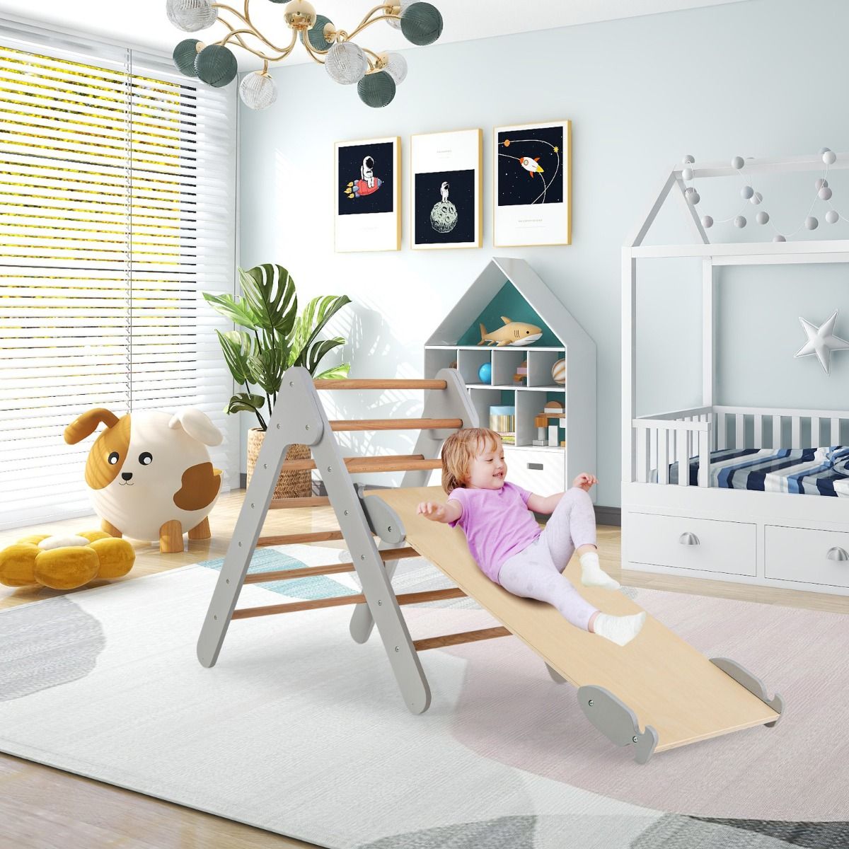 Coast Climbing Triangle with Slide - 86.5x48x73.5 cm - Cadre d'escalade en bois avec pente réglable 98x38 cm - Nature/Gris