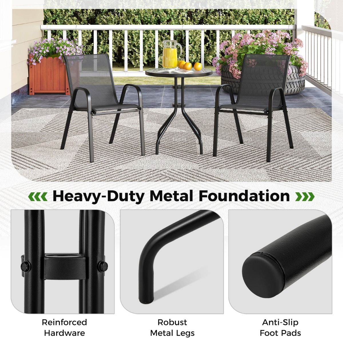 Coast 3-Piece Black Bistro Set for Outdoor - Table Ø60x70 cm avec verre trempé & 2 chaises empilables 56x67x84 cm