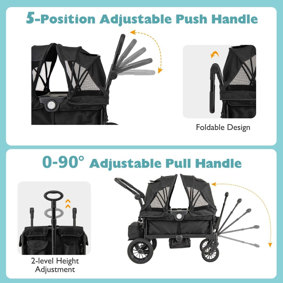 Coast 2-in-1 Twin Trolley pliable Noir - 104 x 57 x 107 cm - Avec poignée réglable et capuche amovible