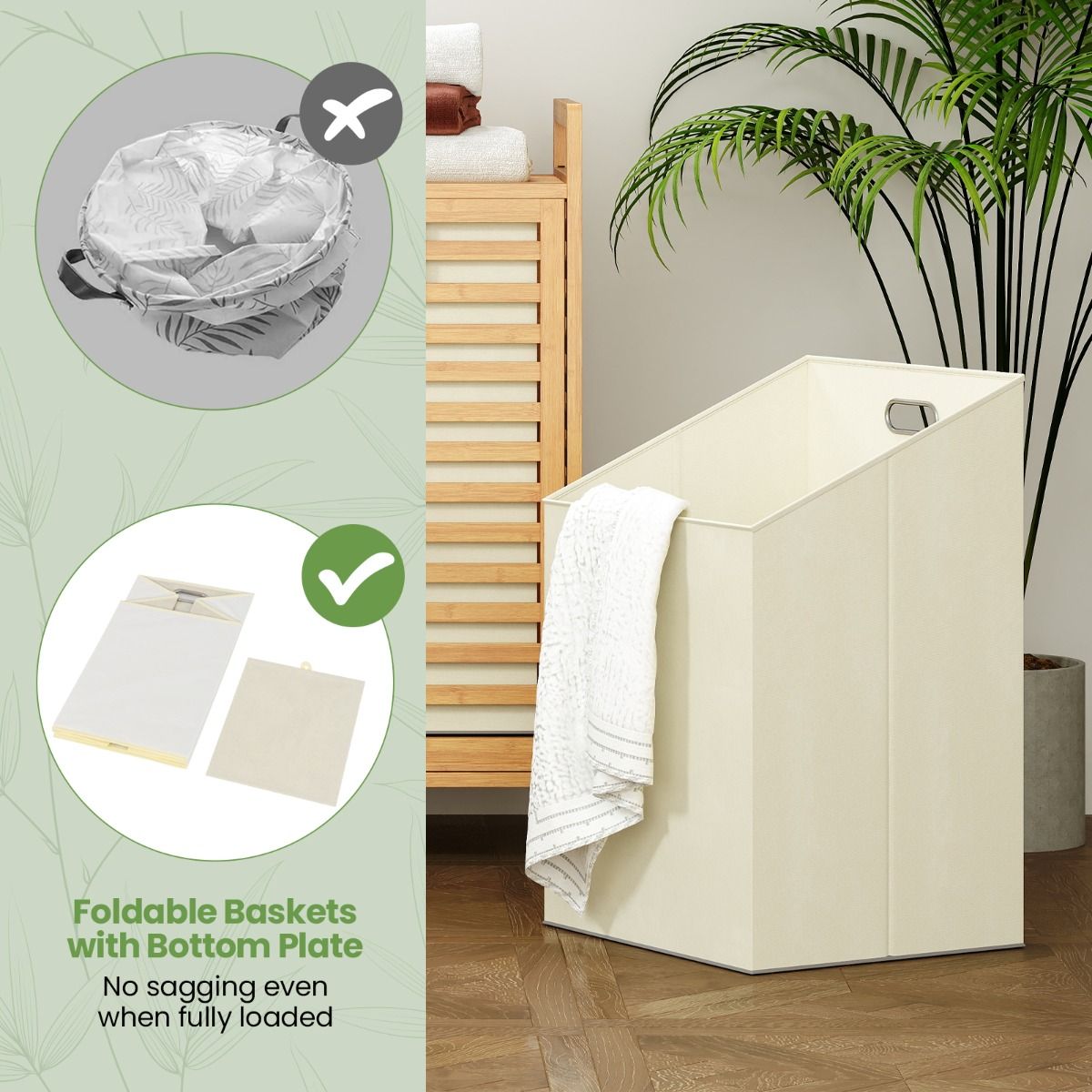 Coast Double Swivel Bamboo Laundry Basket - 80x30x72 cm - Natural - With 2 Removable Fabric Baskets - 75 Liter