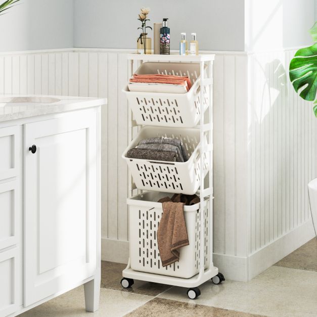 Coast Panier à linge avec 3 paniers - blanc - PP + Métal - Max.35 kg - 40x30x112 cm