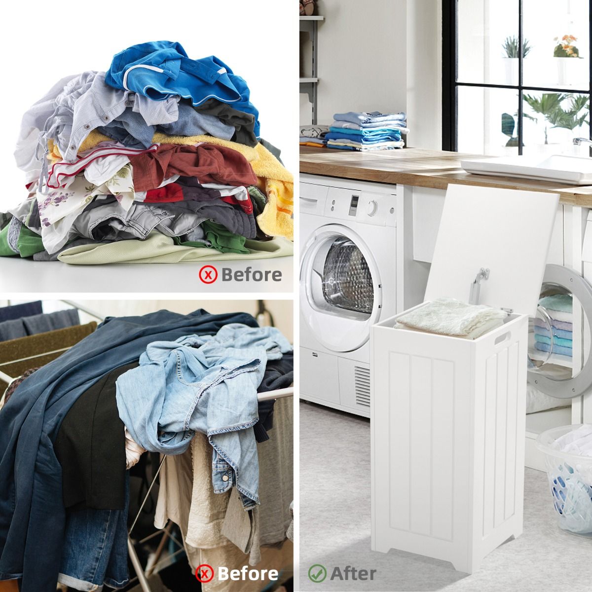 Coast 35L Freestanding Laundry Basket - 30×30×61 cm - White - With Top Lid, Metal Hinges & Handles