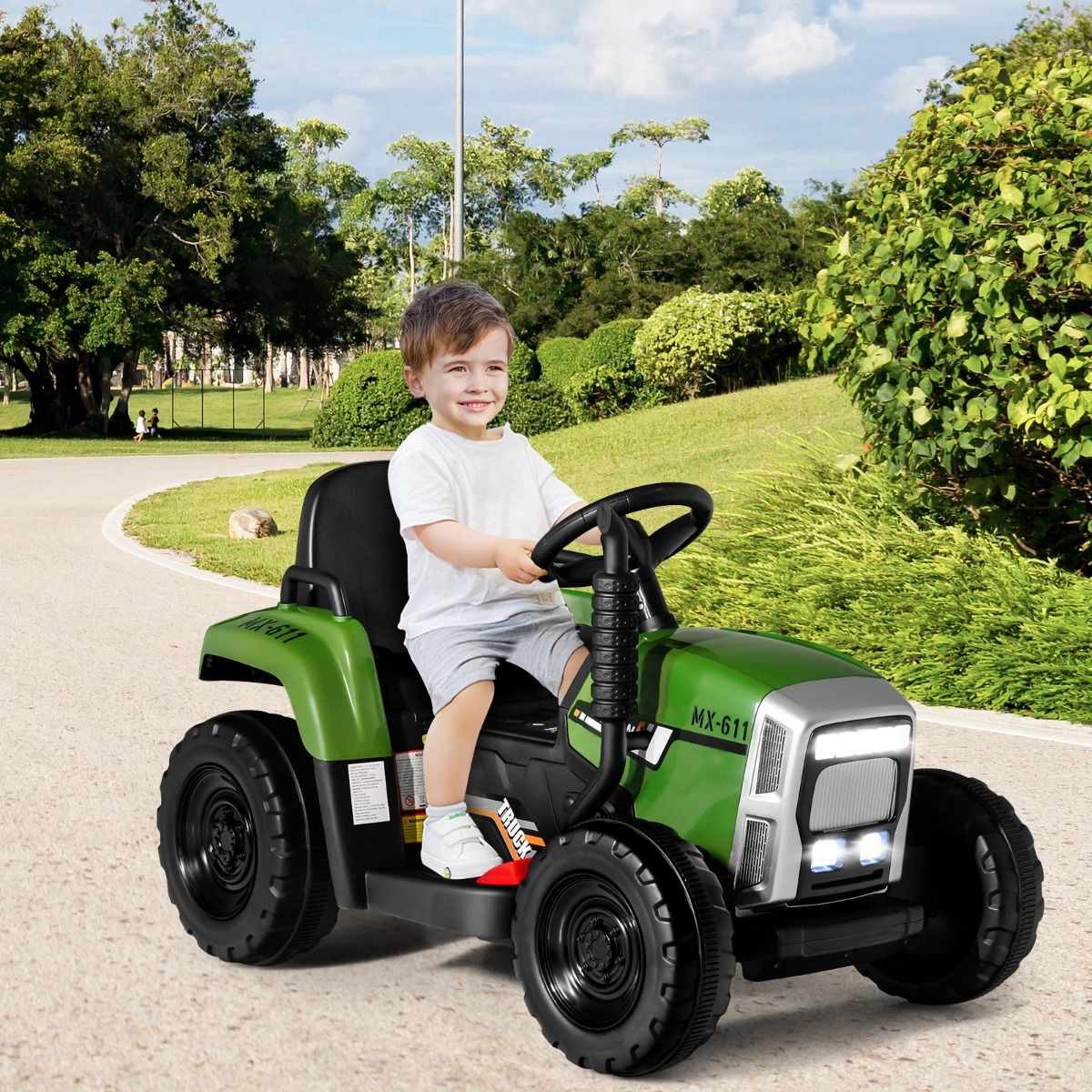 Coast 12V Tracteur pour enfants avec remorque Vert - 135 x 51 x 53 cm - Télécommande - LED - Musique - Bluetooth