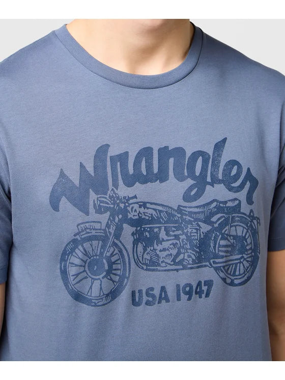 T-shirt Homme Americana Tee Wrangler - 100% coton - Imprimé moto vintage - Taille M - bleu-gris