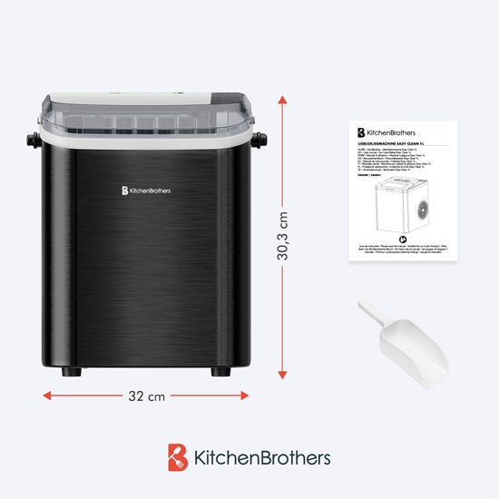 Machine à glaçons KitchenBrothers - 1.5L - 12kg/24 heures - Portable - Fonction auto-nettoyante - Acier inoxydable