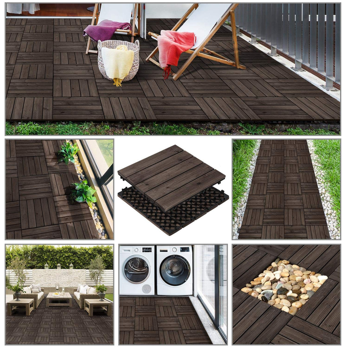 Dalles de terrasse en bois Yaheetech 30 x 30 cm - 27 pièces - 2,6 m² - Noir