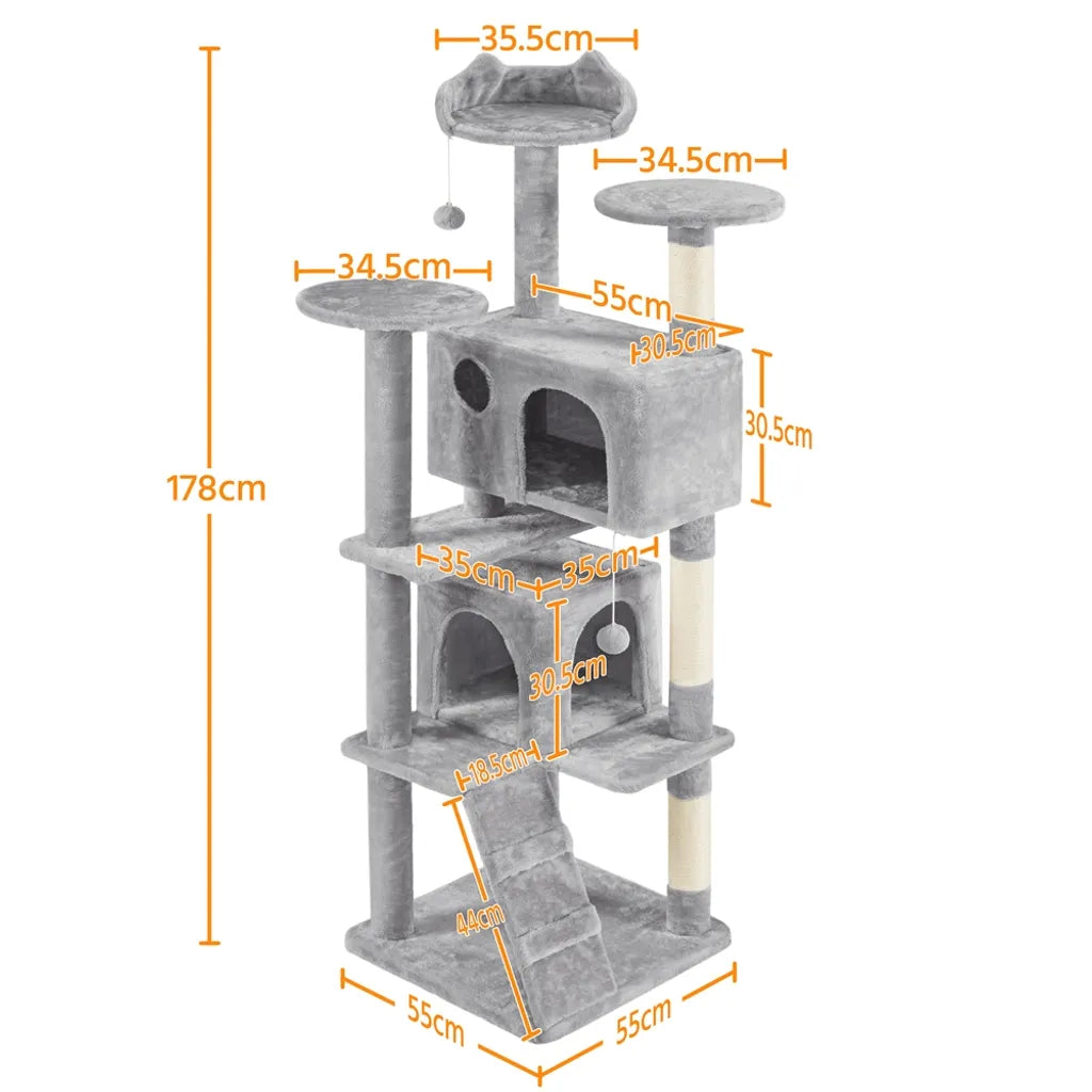 Arbre à chat Yaheetech de 178 cm avec deux niches pour chats, gris clair