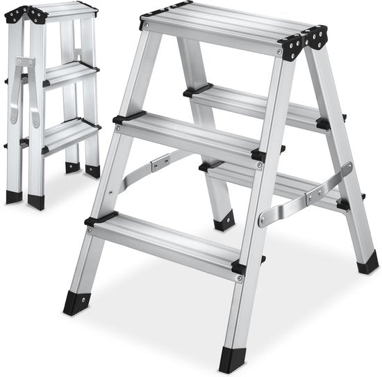 Échelle de cuisine double face en aluminium tectake® - 3 marches - 58 cm - Échelle robuste - Marchepied pliable - Échelle ménagère antidérapante