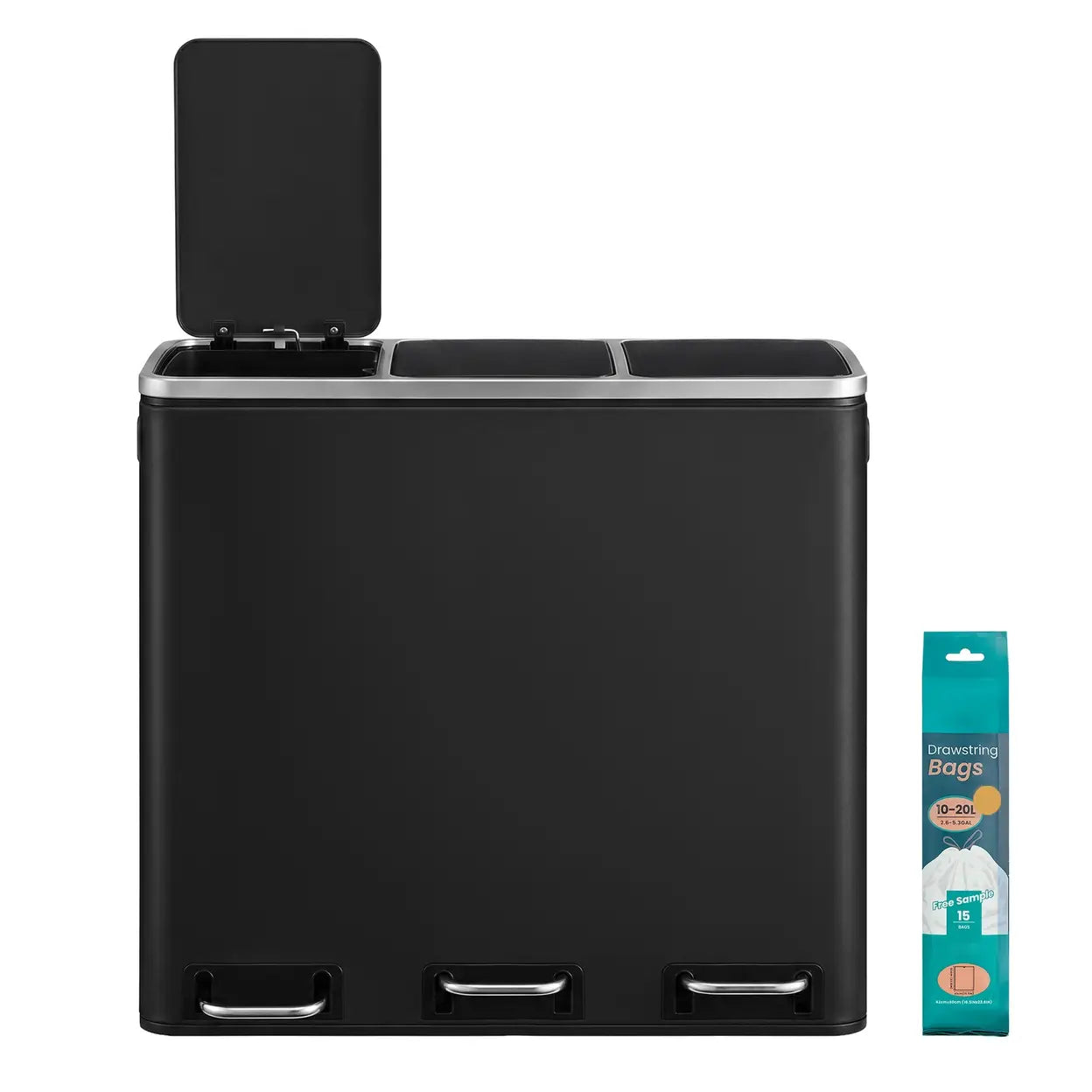 Poubelle à trois compartiments Joyfurnos - Noire - 3 x 18 litres - Couvercles à fermeture douce - Acier - 61 x 31,5 x 55,5 cm