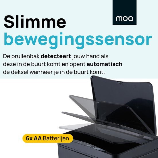 Poubelle avec capteur - MOA - 50 litres - Acier inoxydable et ABS durable - Silencieux -  Noir