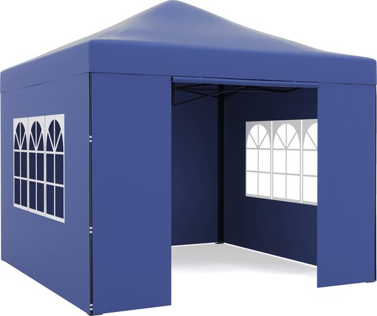 Niceey Party Tent - 3x3m - Pavillon - pliable et imperméable - Tente de réception avec parois latérales - Tente de jardin - Montage facile - Sac de transport à roulettes - Bleu foncé
