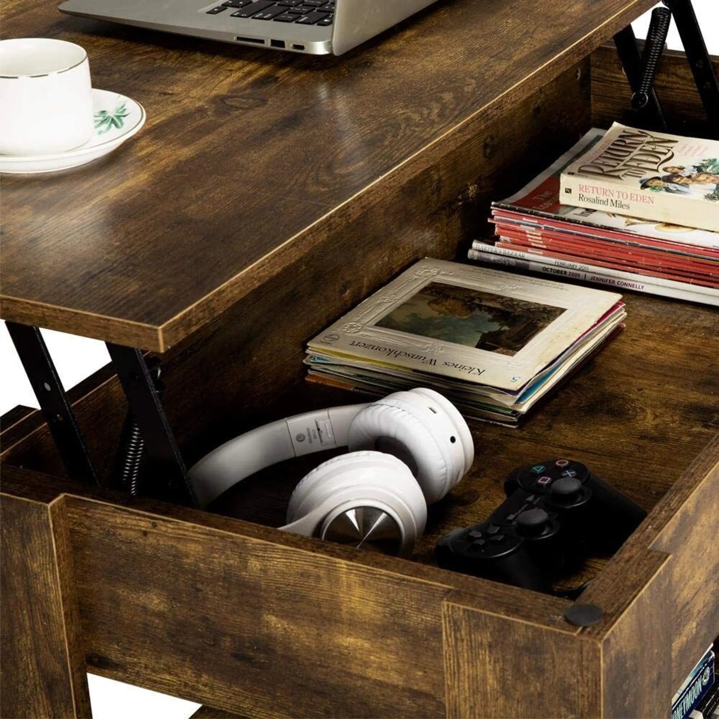 Yaheetech Table basse à plateau relevable - avec rangement caché, mécanisme en métal et étagère inférieure - pour salon et bureau - Mdf vintage brun-noir et métal - 98 x 50 x 41,8-55 cm