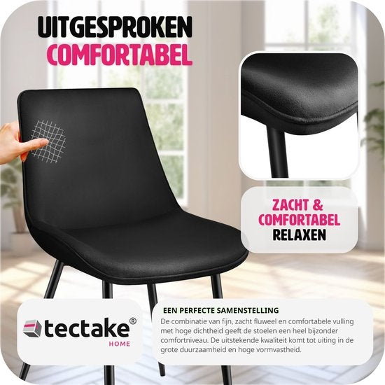 tectake® chaises de salle à manger set of 2, chaises rembourrées en velours avec dossier, chaise de salon ergonomique avec assise rembourrée en velours, chaise de cuisine confortable, pieds en métal noir - noir