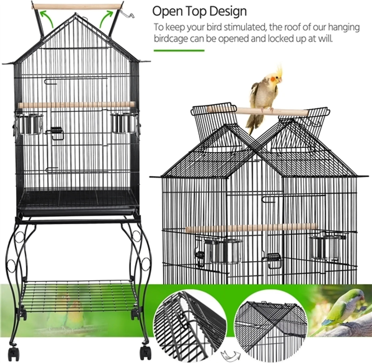 Yaheetech Cage à oiseaux XXL avec base mobile - 59,5 x 59,5 x 145 cm - avec ouverture dans le toit, plaque de fond amovible et étagère de rangement - pour perruches et canaris - métal noir et bois