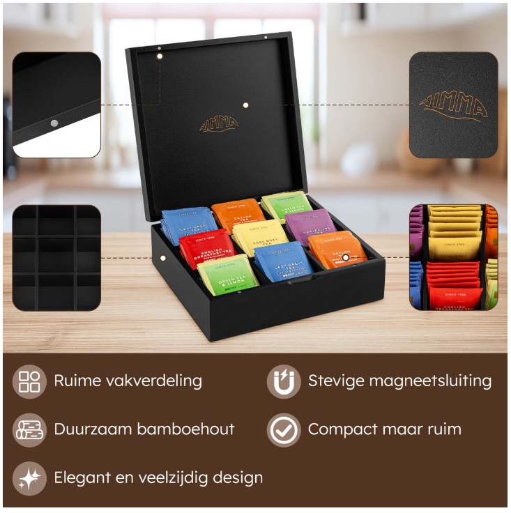 Nimma - Boîte à thé de luxe - 9 compartiments - Bambou noir - Avec fermeture magnétique et design compact - Organisateur de thé - Élégant et durable
