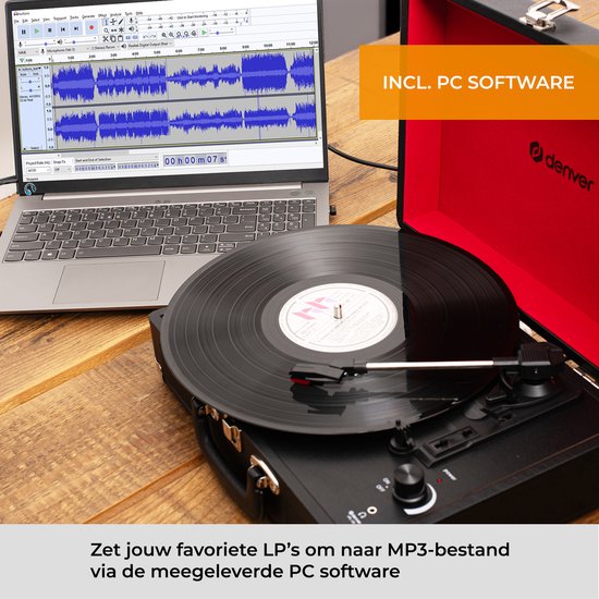 Denver Record Player - Haut-parleurs intégrés - Logiciel PC inclus - Auto-stop - Rétro - VPL120 - Noir