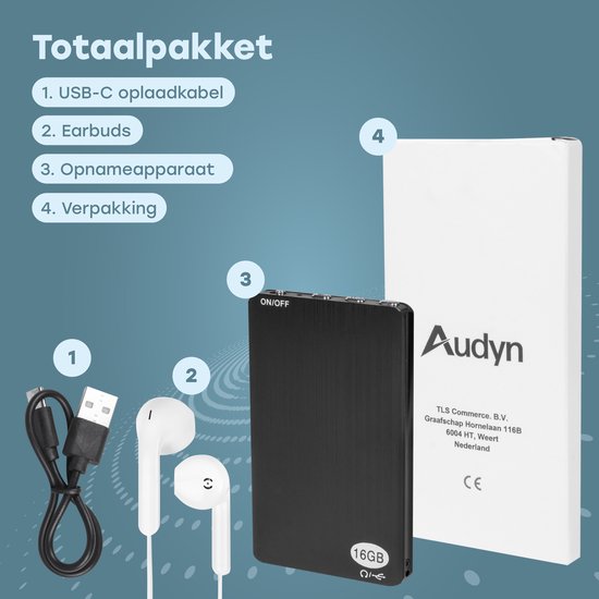 Audyn Voice Recorder - 200 heures d'enregistrement audio - écoute à distance - dictaphone - enregistrements HD à 360° - 16 Go - noir