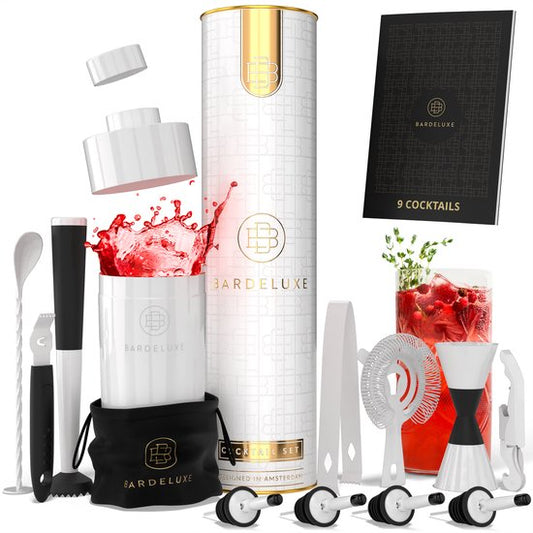 BarDeluxe® Cocktail Set - 12-Piece - Cocktail Shaker 750 ml - Stainless Steel - Includes Luxury Gift Box - Storage Bag & Recipe Book - White