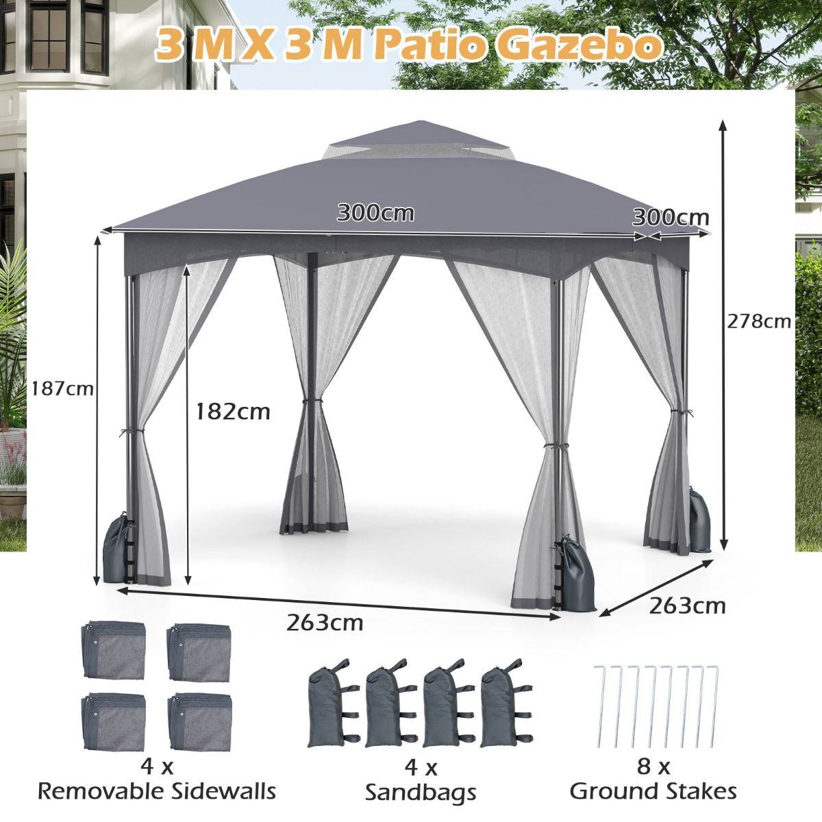 Pavillon de jardin Coast - double toit - moustiquaire - 3 x 3 m - kaki