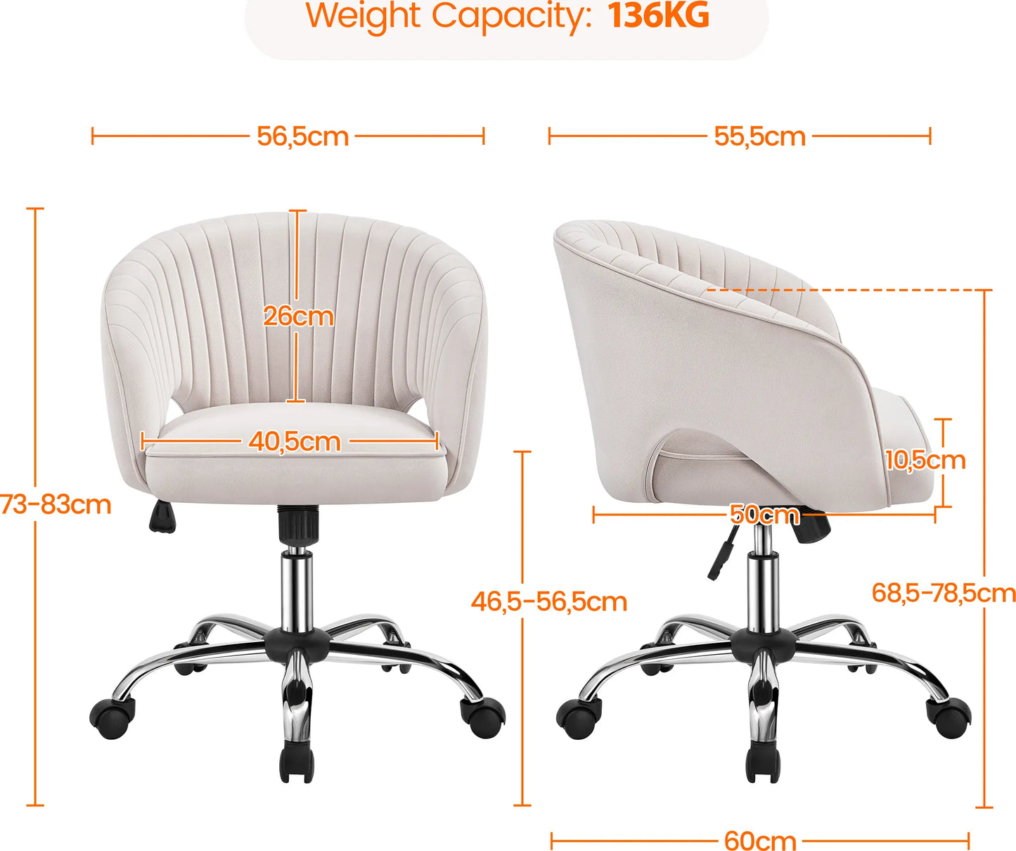 Yaheetech Chaise de bureau à bascule - Hauteur réglable par vérin à gaz, roues pivotantes à 360° et motif vertical - Pour bureau et salle de réception - Velours blanc crème et métal - 60 x 56.5 x 73-83 cm