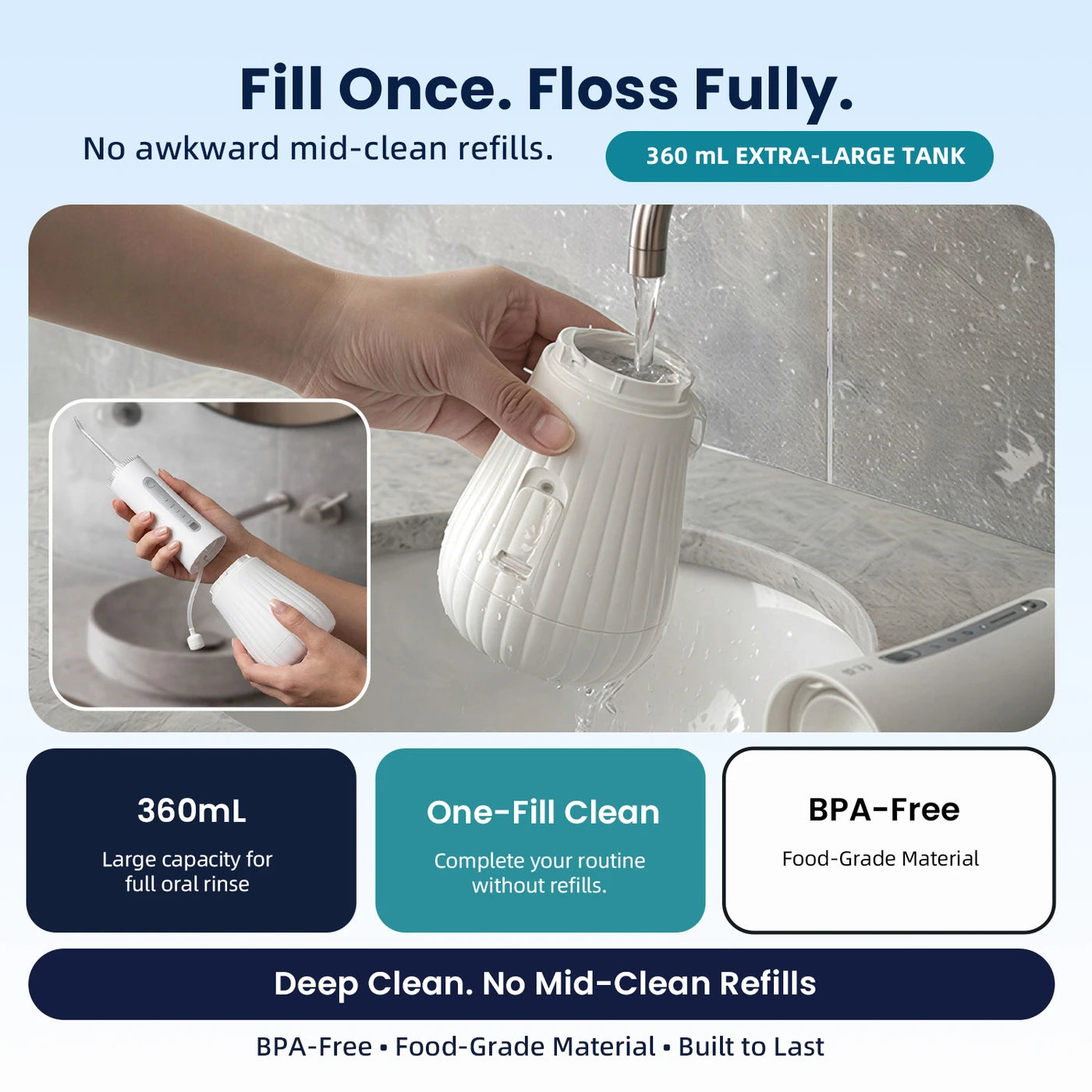 Hydropulseur Bair Care M11 - Blanc - Stérilisation par UV - Réservoir de 360 ml - 4 modes - 3 embouts - IPX8 - USB-C