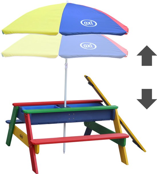 Table de pique-nique AXI Nick Zand & Water aux couleurs de l'arc-en-ciel - Parasol réglable - Bois certifié FSC - Table de pique-nique en bois pour enfants