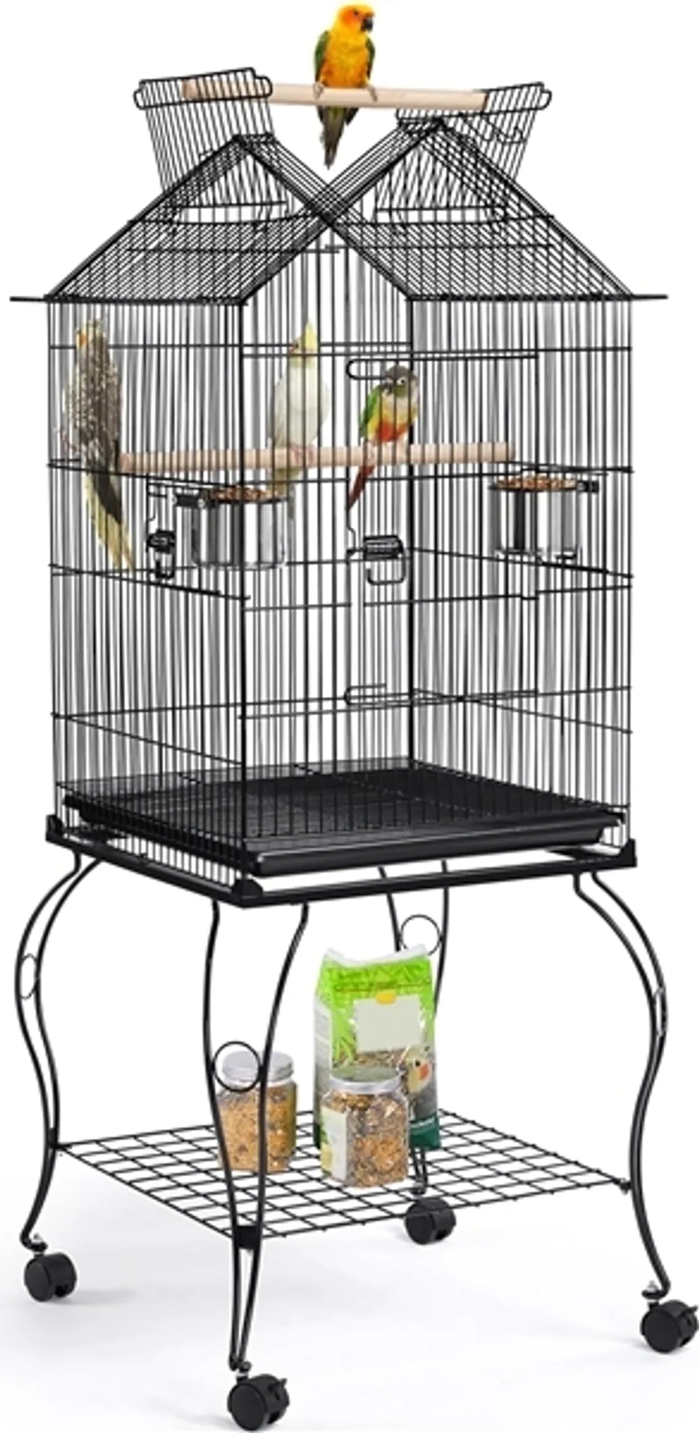Yaheetech Cage à oiseaux XXL avec base mobile - 59,5 x 59,5 x 145 cm - avec ouverture dans le toit, plaque de fond amovible et étagère de rangement - pour perruches et canaris - métal noir et bois