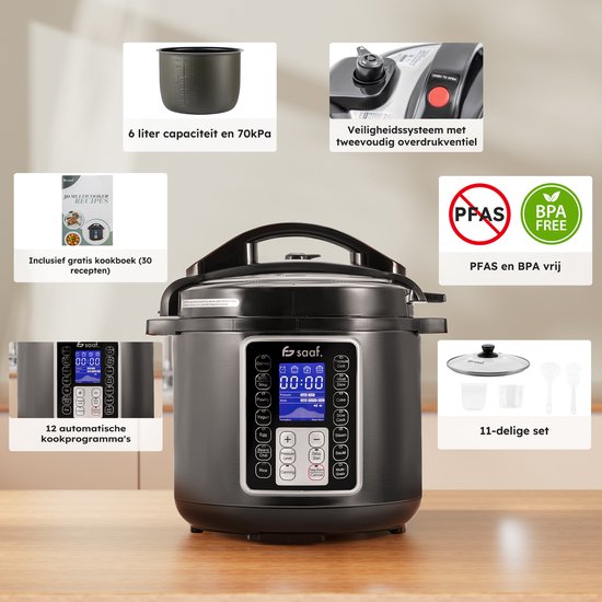 Multicuiseur - Ensemble de 11 pièces - 6L - 12 programmes automatiques - Mijoteuse, cuiseur à riz, cuiseur à vapeur, autocuiseur - Gris - de Saaf