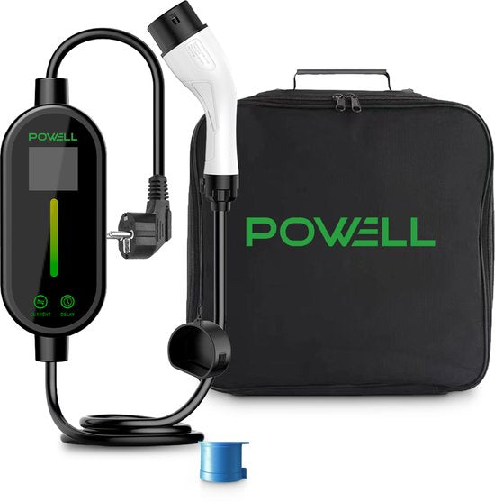 Powell Charging Cable Type 2 - Chargeur domestique mobile Type 2 - 3,5kW - IP67 Waterproof - Câble de 5 mètres - Sac de rangement inclus - Waterproof - Noir/Blanc