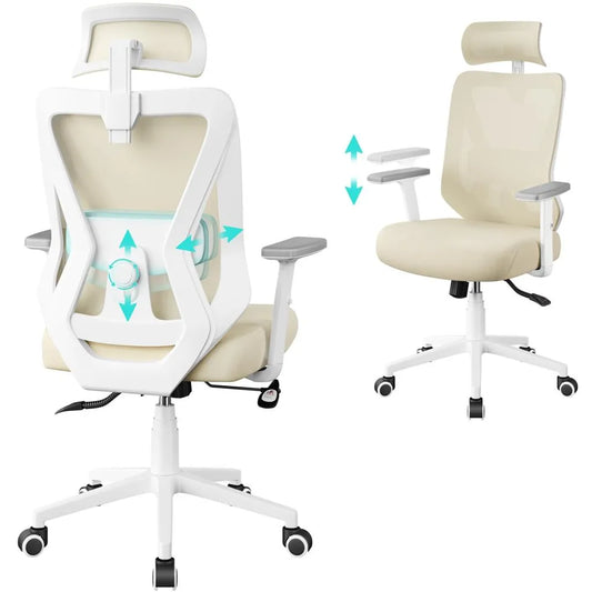 Chaise de bureau ergonomique Yaheetech avec appui-tête et soutien lombaire réglables - Beige - 70 x 59 x 115-125 cm